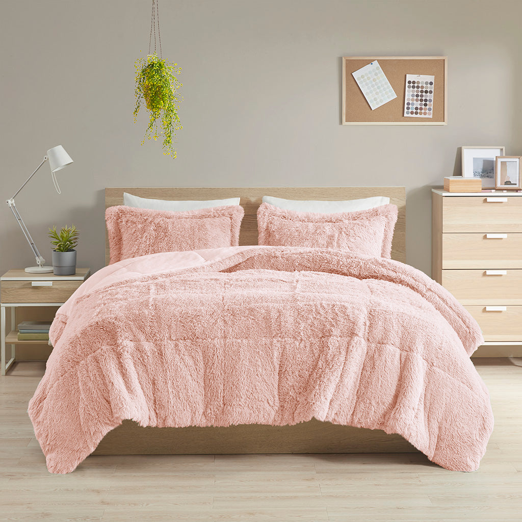 Malea Shaggy Faux Fur Comforter Mini Set - Blush