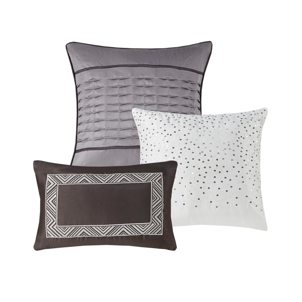 Rhapsody 6 Piece Reversible Jacquard Quilt Set with Throw Pillows - Grey/Taupe