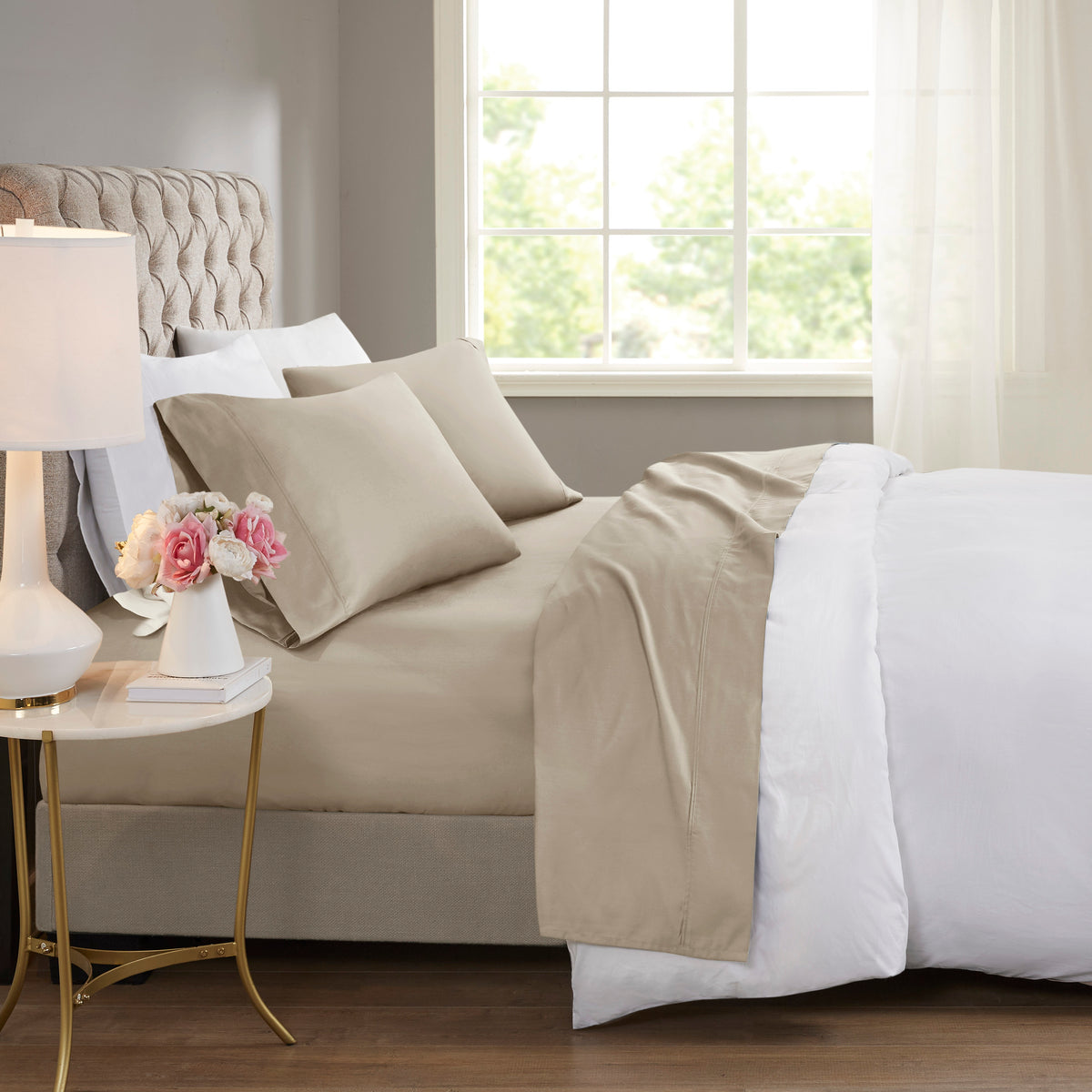 600 Thread Count Cooling Cotton Blend 4 PC Sheet Set - Khaki