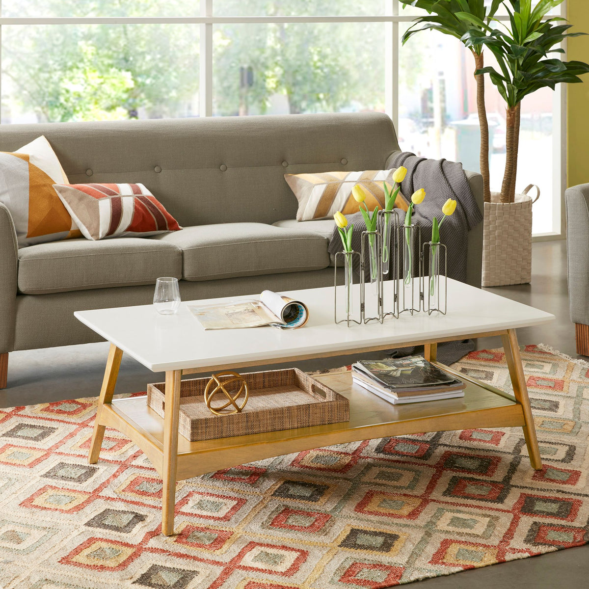 Parker Mid-century Coffee Table with Storage Shelf - Off-White/Natural