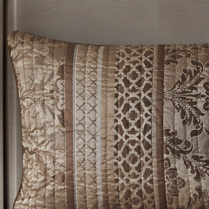 Bellagio 6 Piece Jacquard Quilt Set with Throw Pillows - Brown/Gold