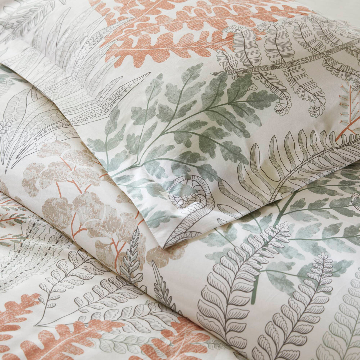 Botanical 100% Cotton Sateen Duvet Cover Set - Terracotta/Linen