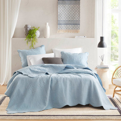 Tuscany 3 Piece Reversible Scalloped Edge Quilt Set - Blue