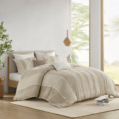 Shay 3 Piece Striped Cotton Duvet Cover Set - Taupe