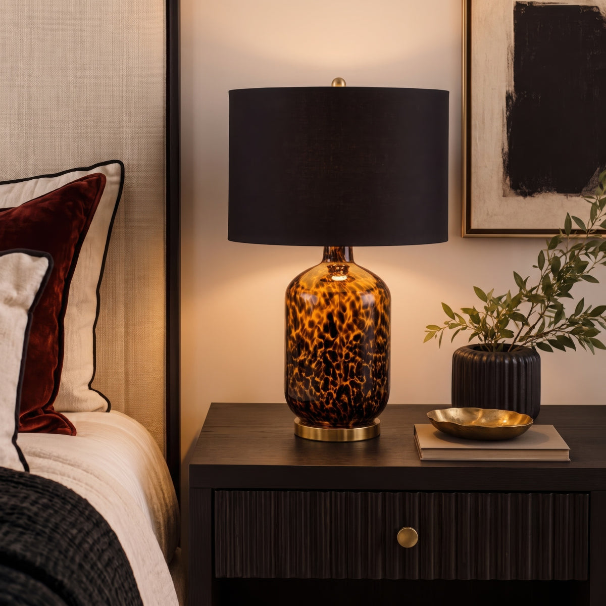 Roux Leopard Pattern Glass Table Lamp - Leopard Print/ Black