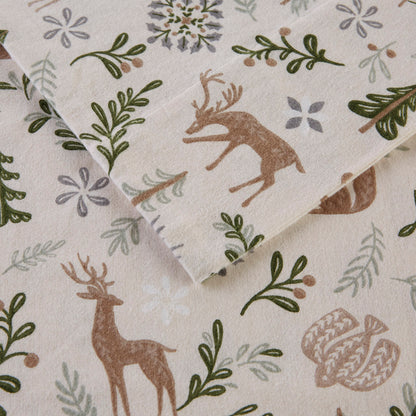 Cozy Cotton Flannel Printed Sheet Set - Tan Woodland Winter
