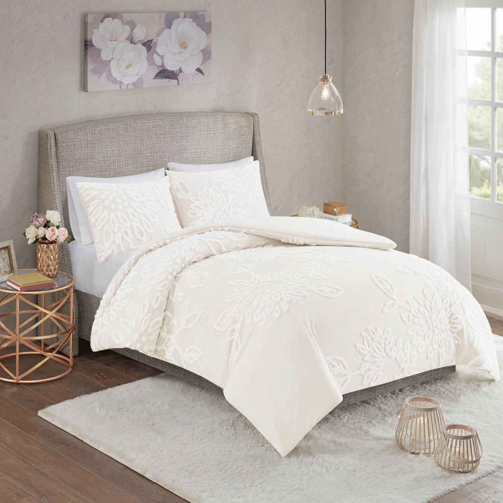 Veronica 3 Piece Tufted Cotton Chenille Floral Duvet Cover Set - Off-White