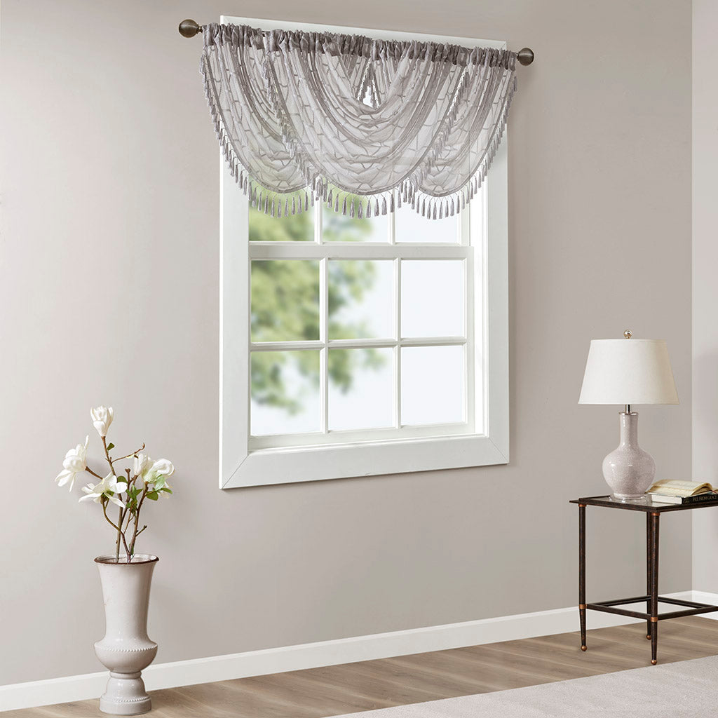 Irina Diamond Sheer Embroidered Waterfall Valance - Grey