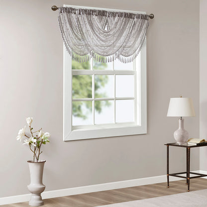 Irina Diamond Sheer Embroidered Waterfall Valance - Grey