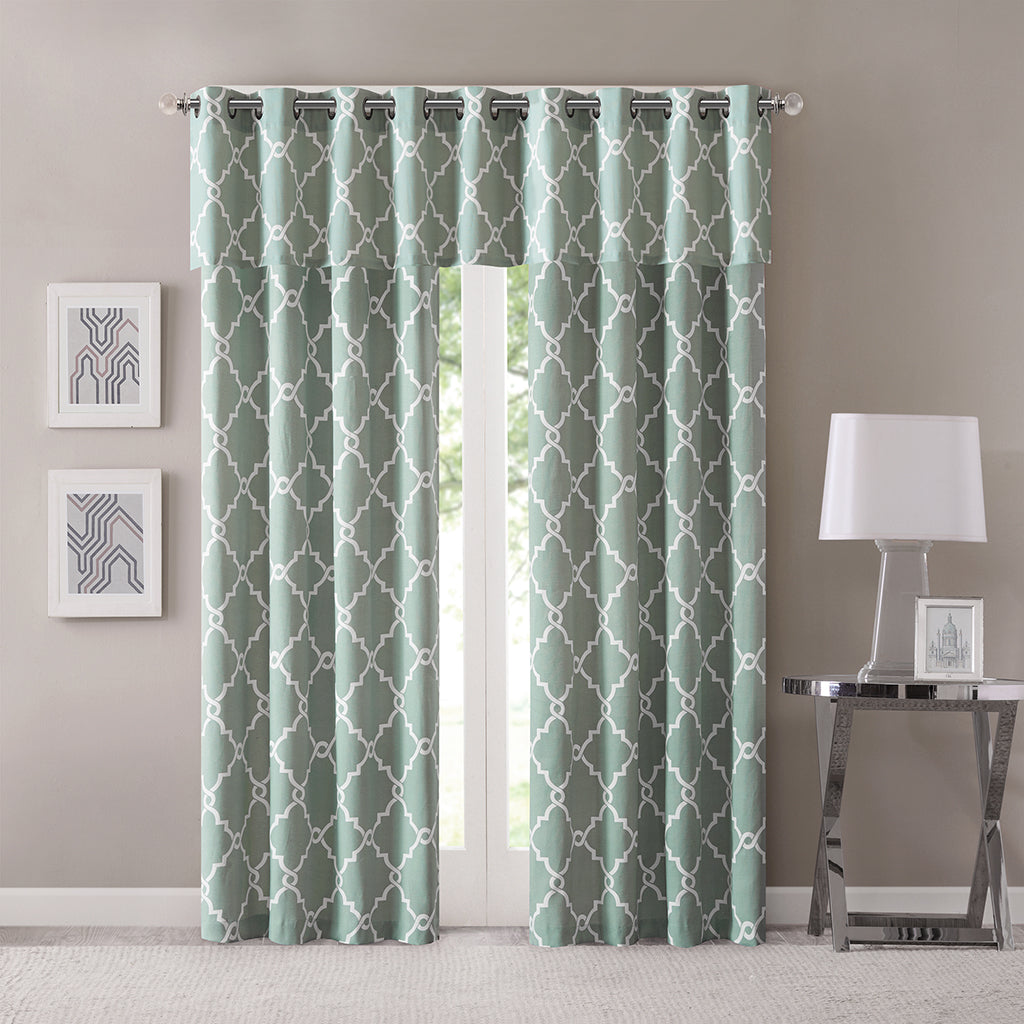 Saratoga Fretwork Print Grommet Top Window Valance - Seafoam/White