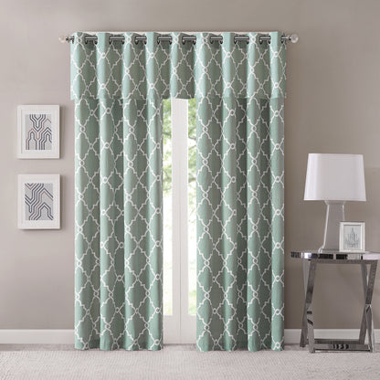 Saratoga Fretwork Print Grommet Top Window Valance - Seafoam/White