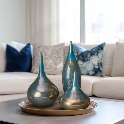 Aurora Blue and Bronze Decorative Glass Vases 3-piece set - Blue Metal