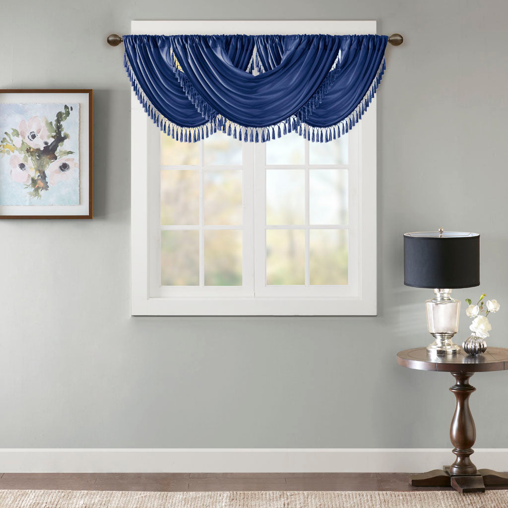 Elena Faux Silk Waterfall Embellished Valance - Navy