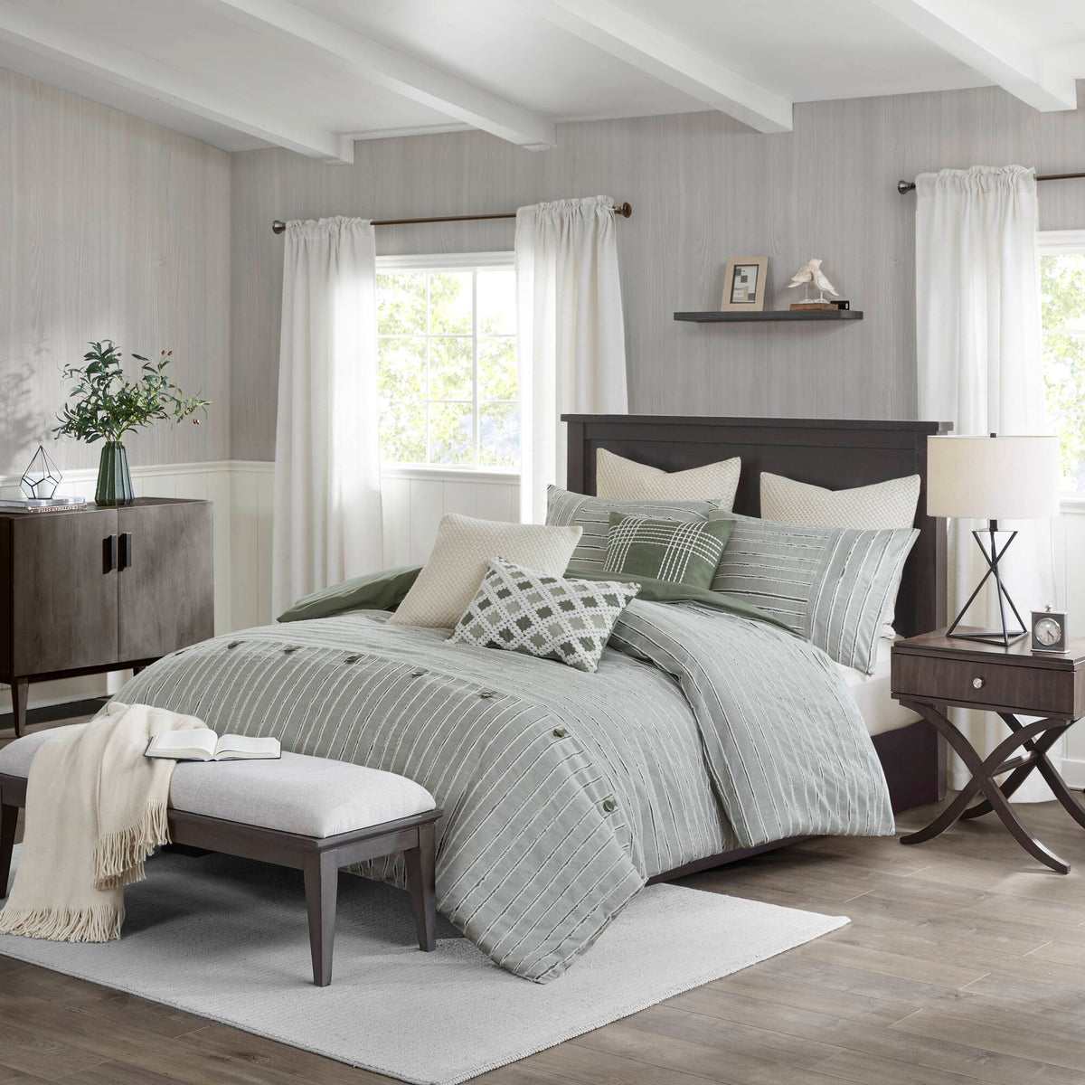 Essence Oversized Cotton Clipped Jacquard Comforter Set with Euro Shams and Throw Pillows - Green