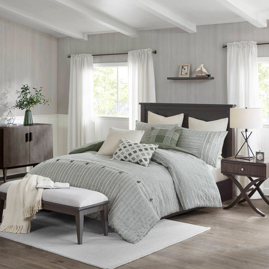 Essence Oversized Cotton Clipped Jacquard Comforter Set with Euro Shams and Throw Pillows - Green