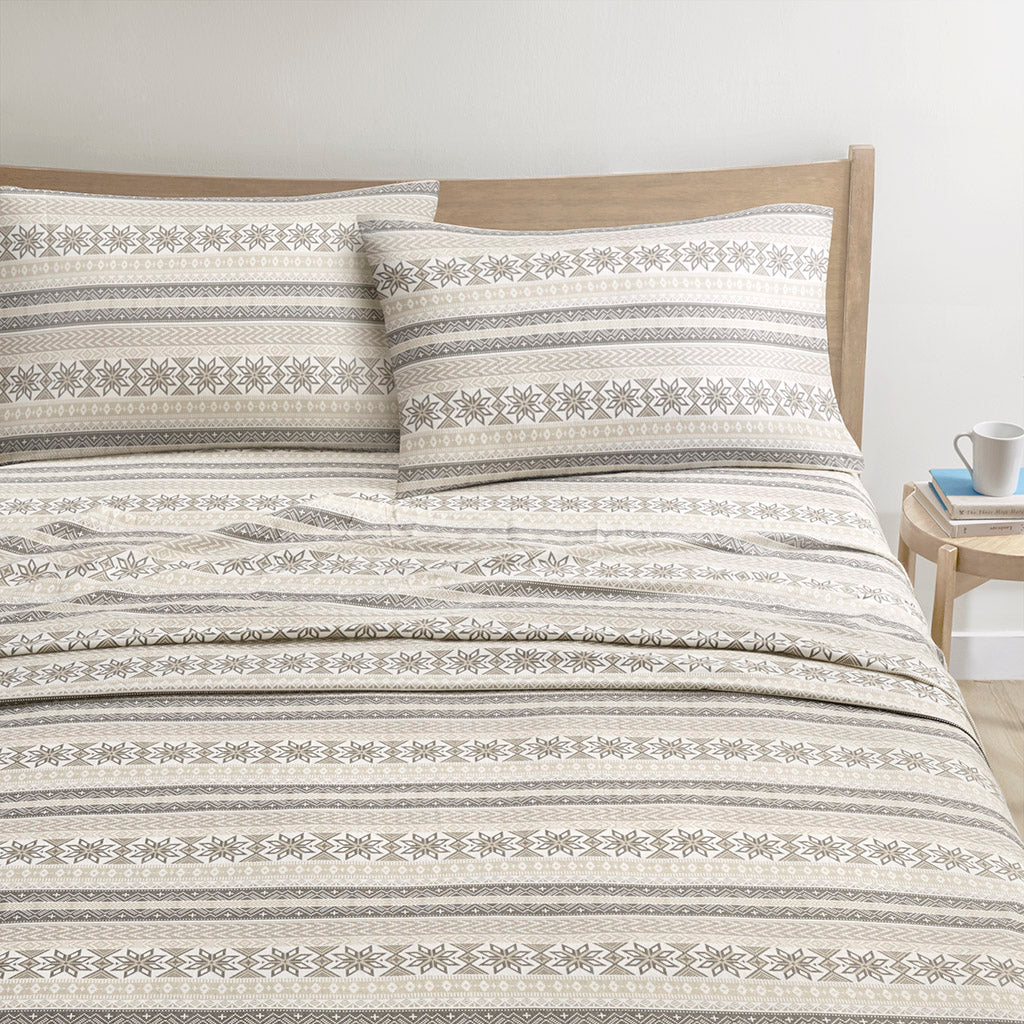 Cozy Cotton Flannel Printed Sheet Set - Gray/Taupe Nordic