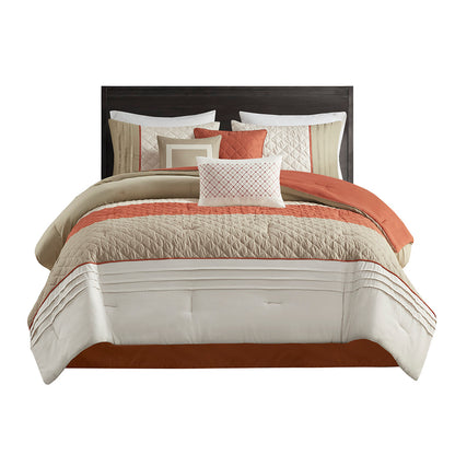Jenson 7 Piece Color Block Stripe Comforter Set with Throw Pillows - Spice