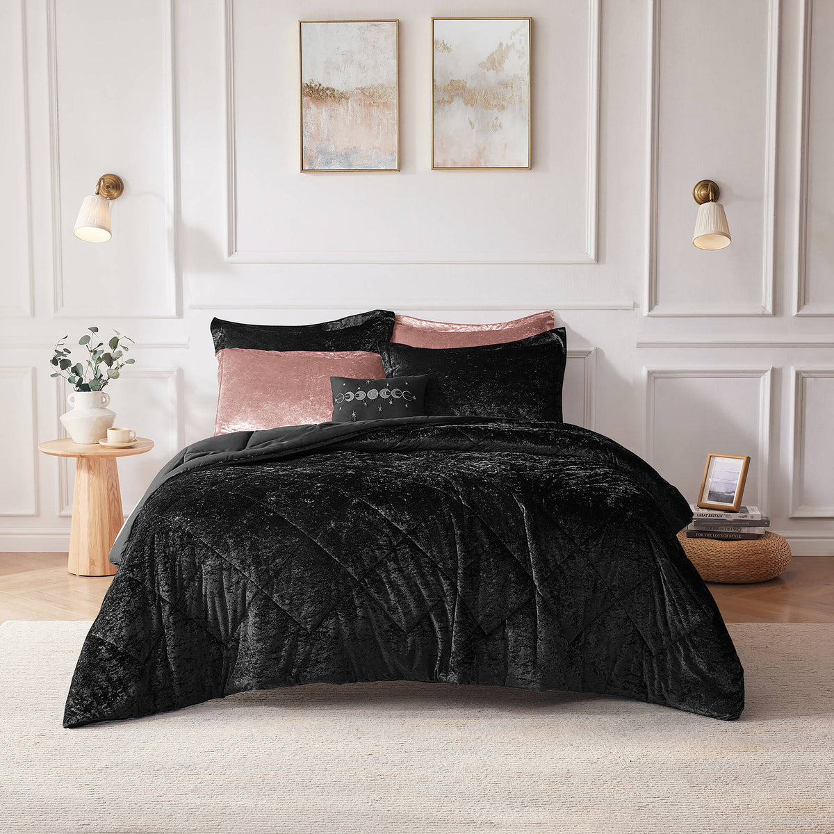 Felicia Velvet Comforter Set with Throw Pillow - Black