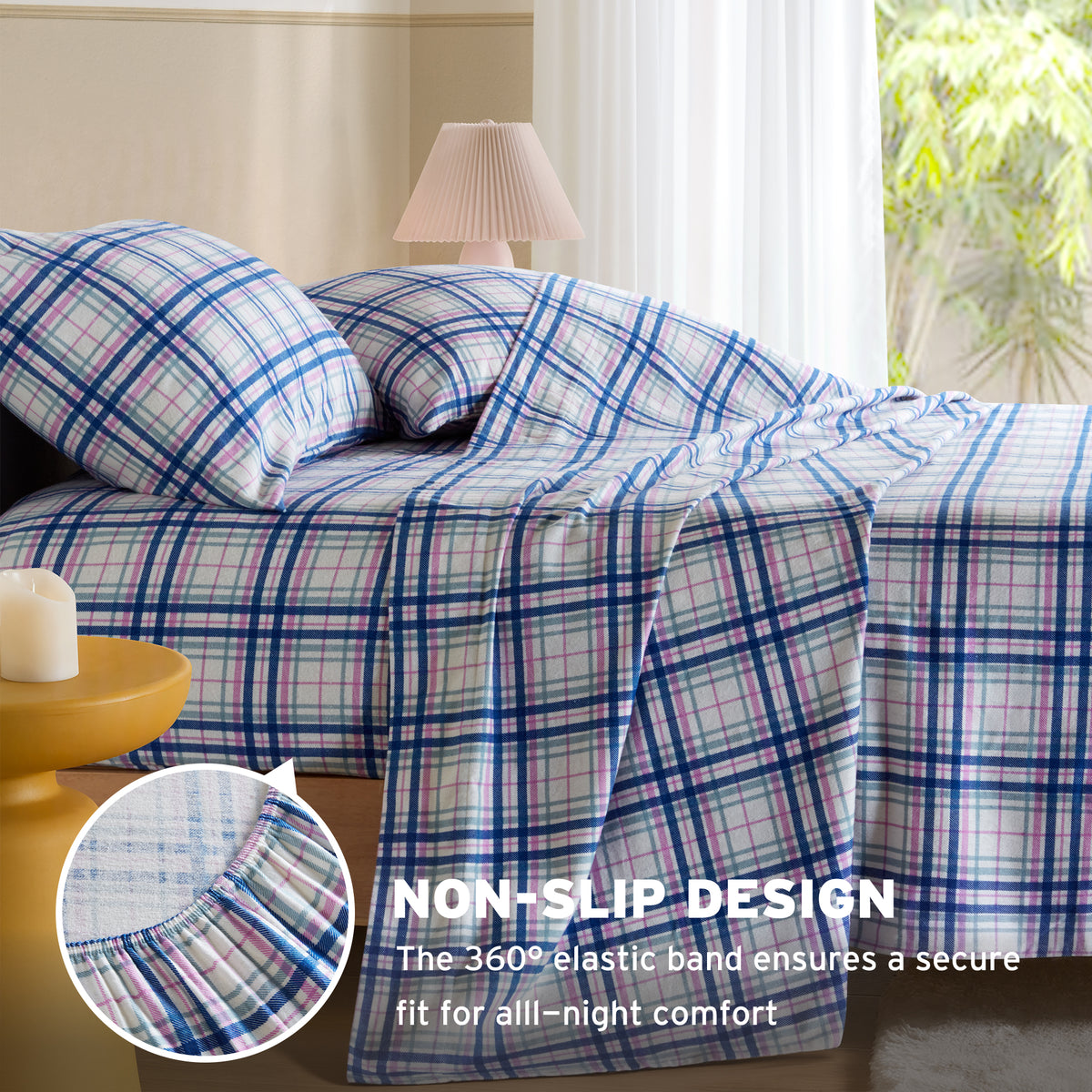 Cozy Soft Cotton Flannel Printed Sheet Set - Navy Orchid Plaid