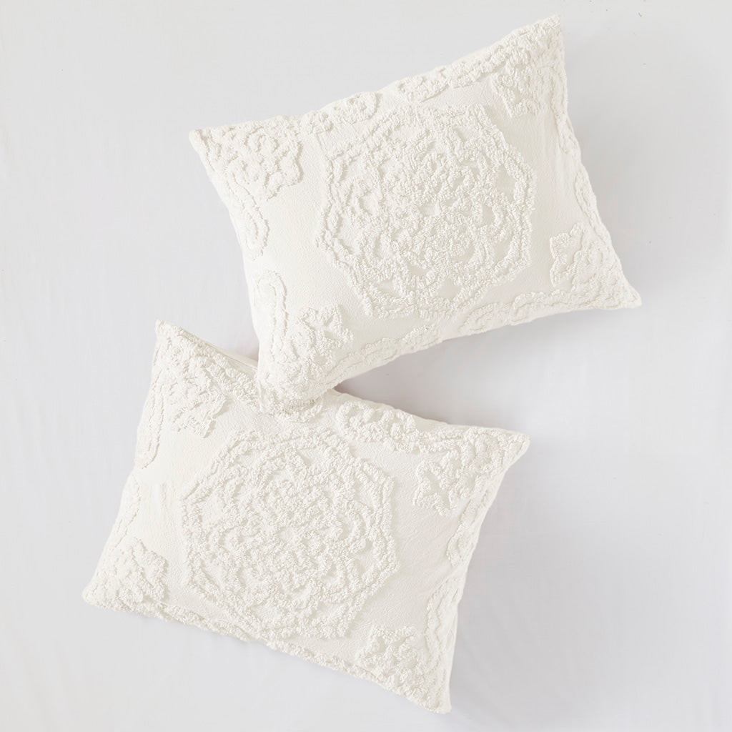 Laetitia Tufted Cotton Chenille Medallion Duvet Cover Set - Off-White