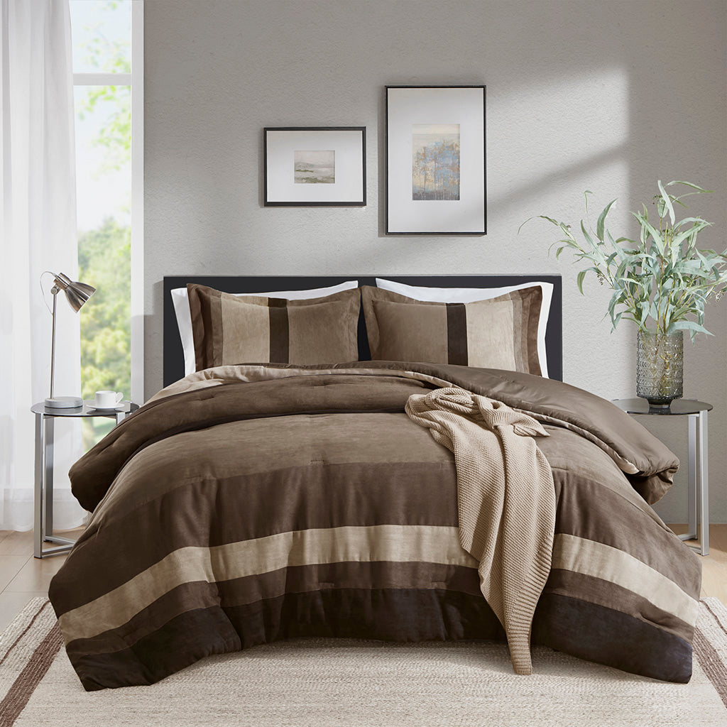 Highland Stripe Pieced Faux Suede Comforter Set - Brown