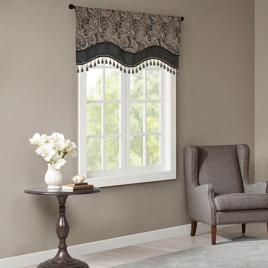 Aubrey Jacquard Window Rod Pocket Valance With Beads - Black