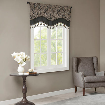 Aubrey Jacquard Window Rod Pocket Valance With Beads - Black