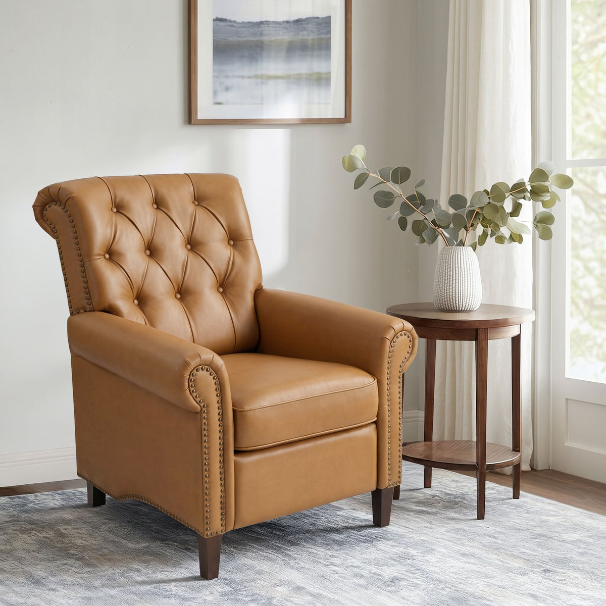 Aidan Upholstered Manual Push Back Recliner Chair with Nailheads - Brown