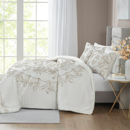 Violette 3 Piece Tufted Cotton Chenille Duvet Cover Set - Ivory/Taupe
