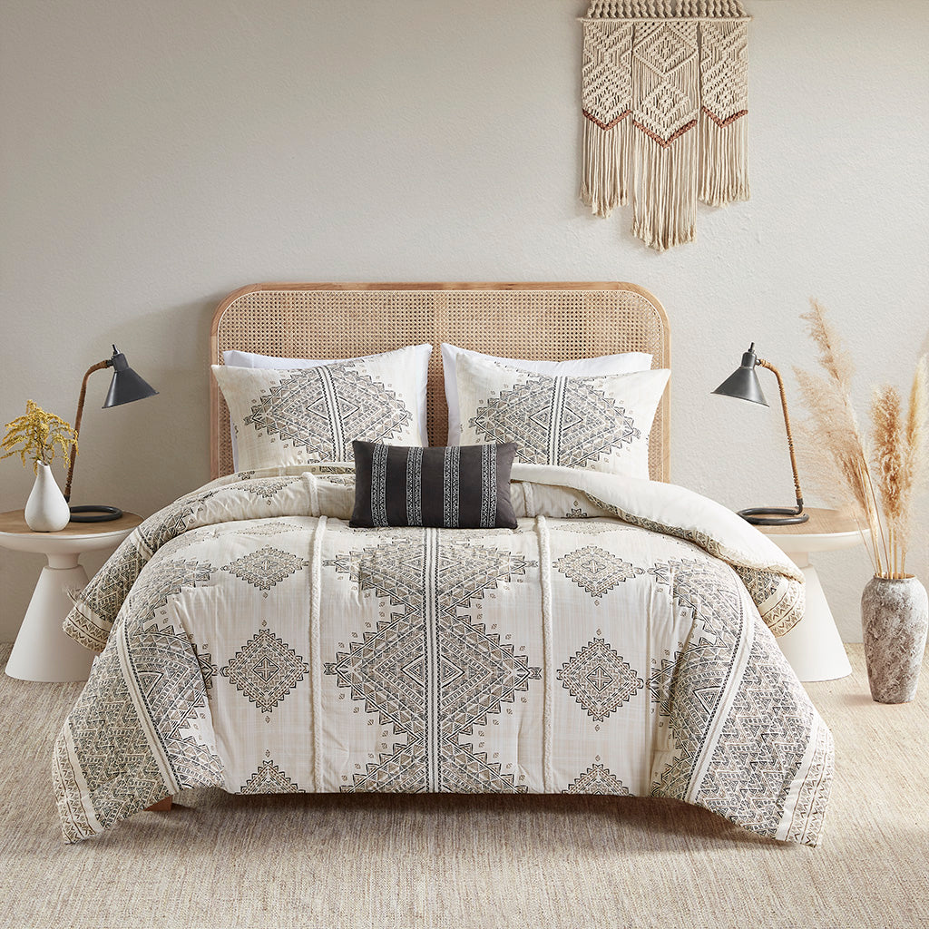 Ibiza 4 Piece Printed Comforter Set with Throw Pillow - Black/Ivory
