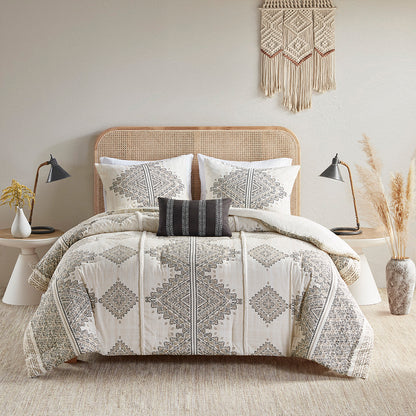 Ibiza 4 Piece Printed Comforter Set with Throw Pillow - Black/Ivory