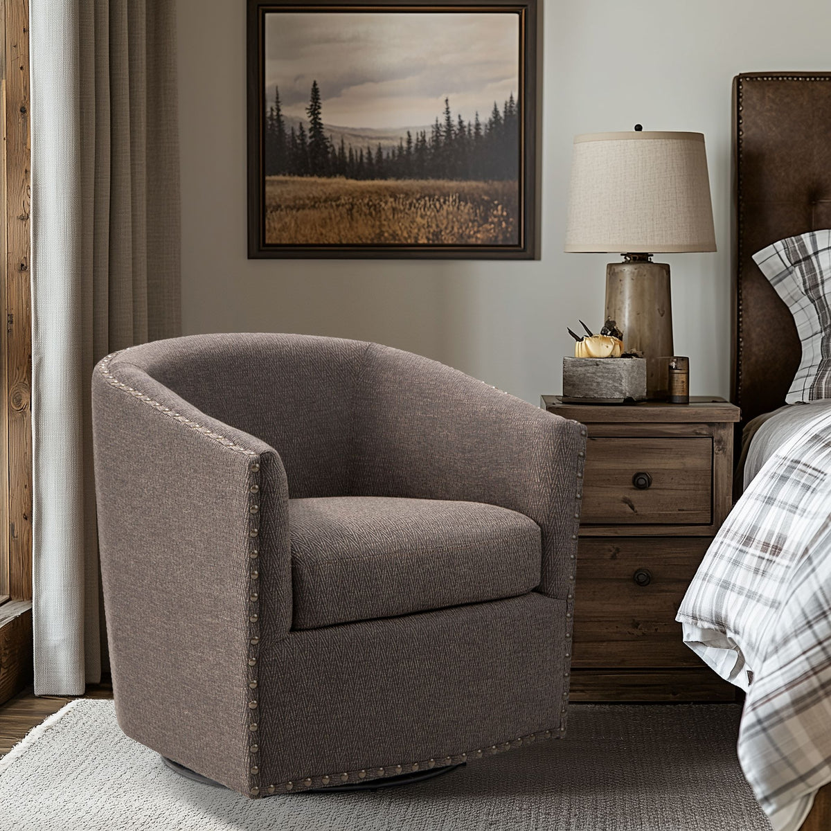Tyler Upholstered Swivel Barrel Chair with Nailheads - Chocolate