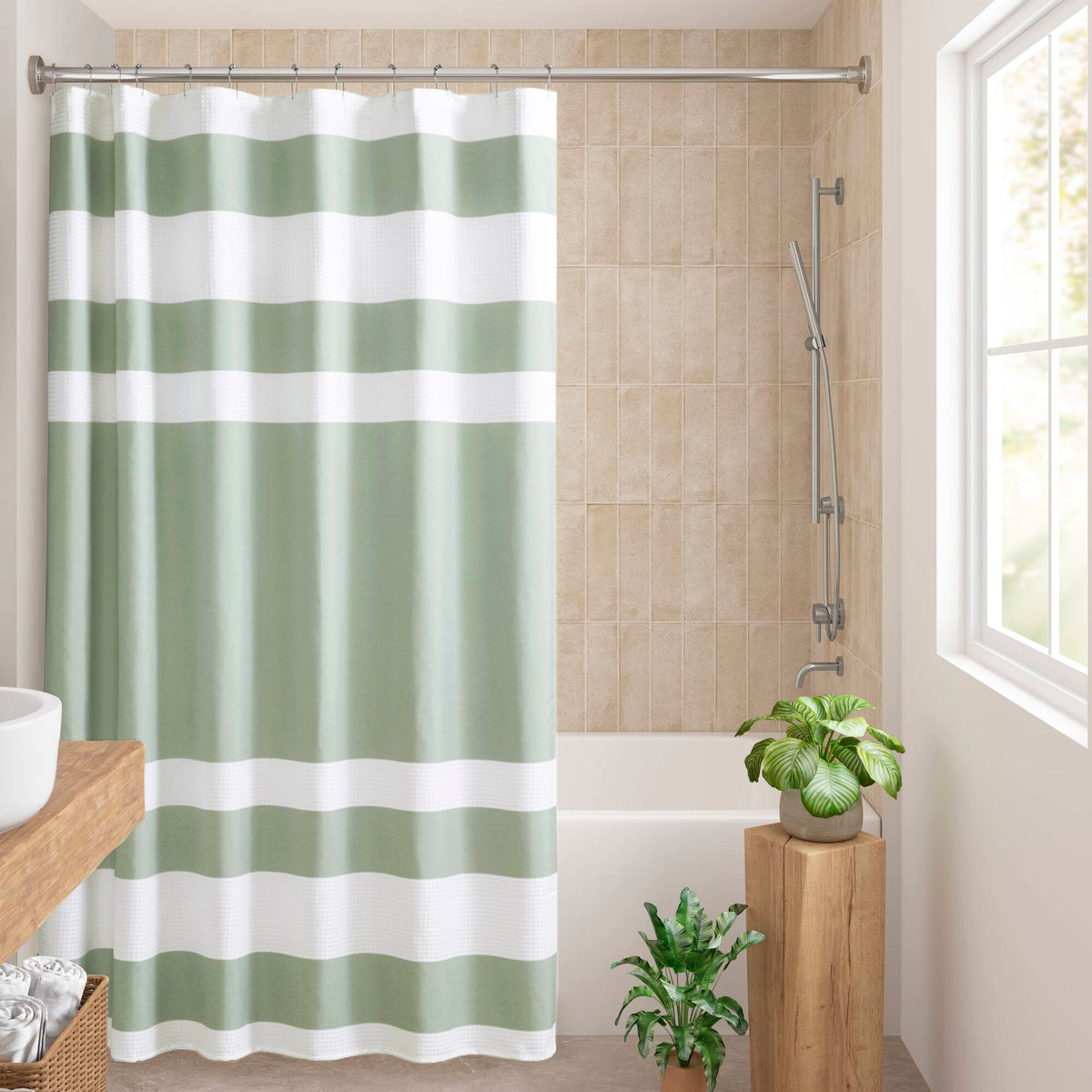 Spa Waffle Shower Curtain with 3M Treatment - Sage Green