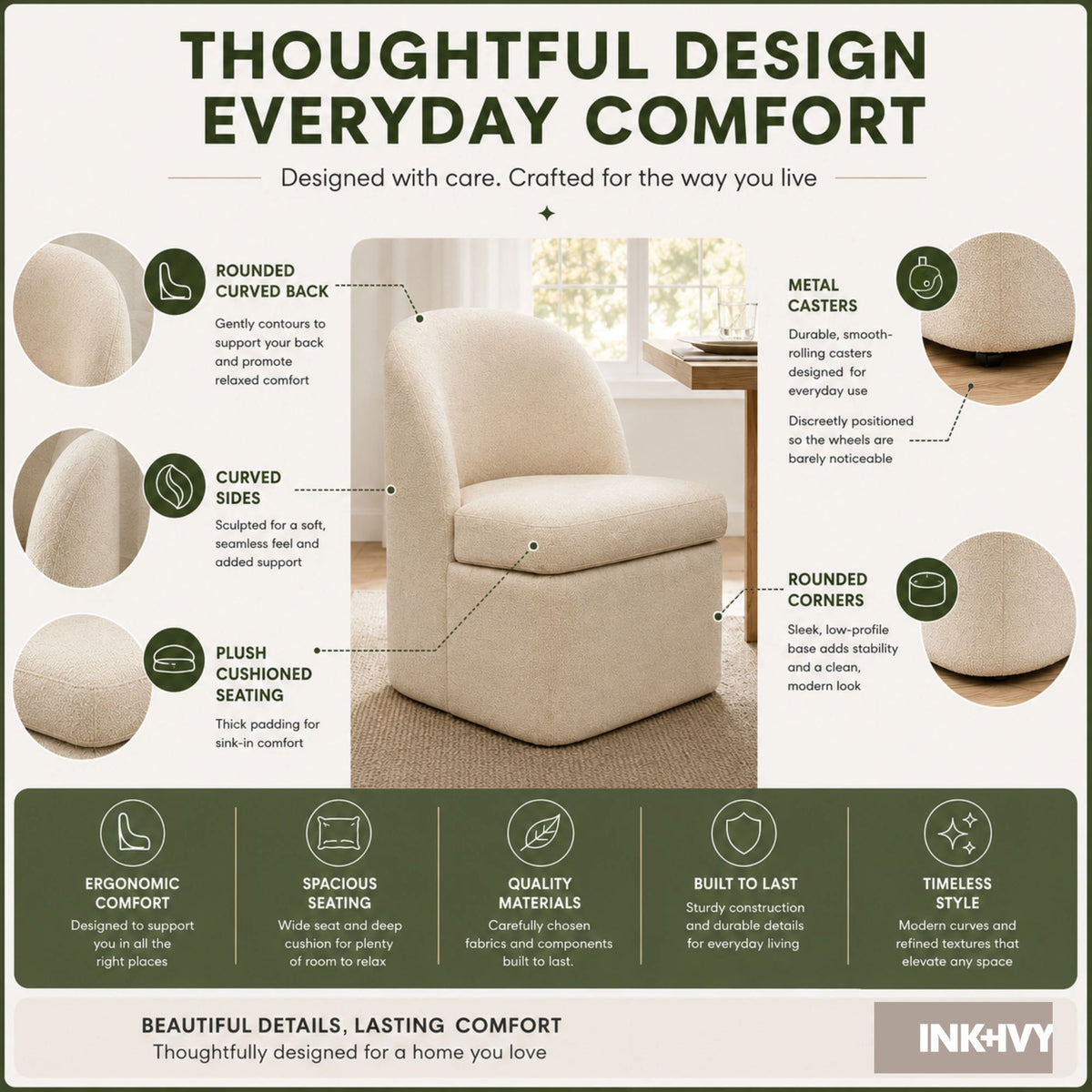 Lyra Dining Chair with castors - Taupe