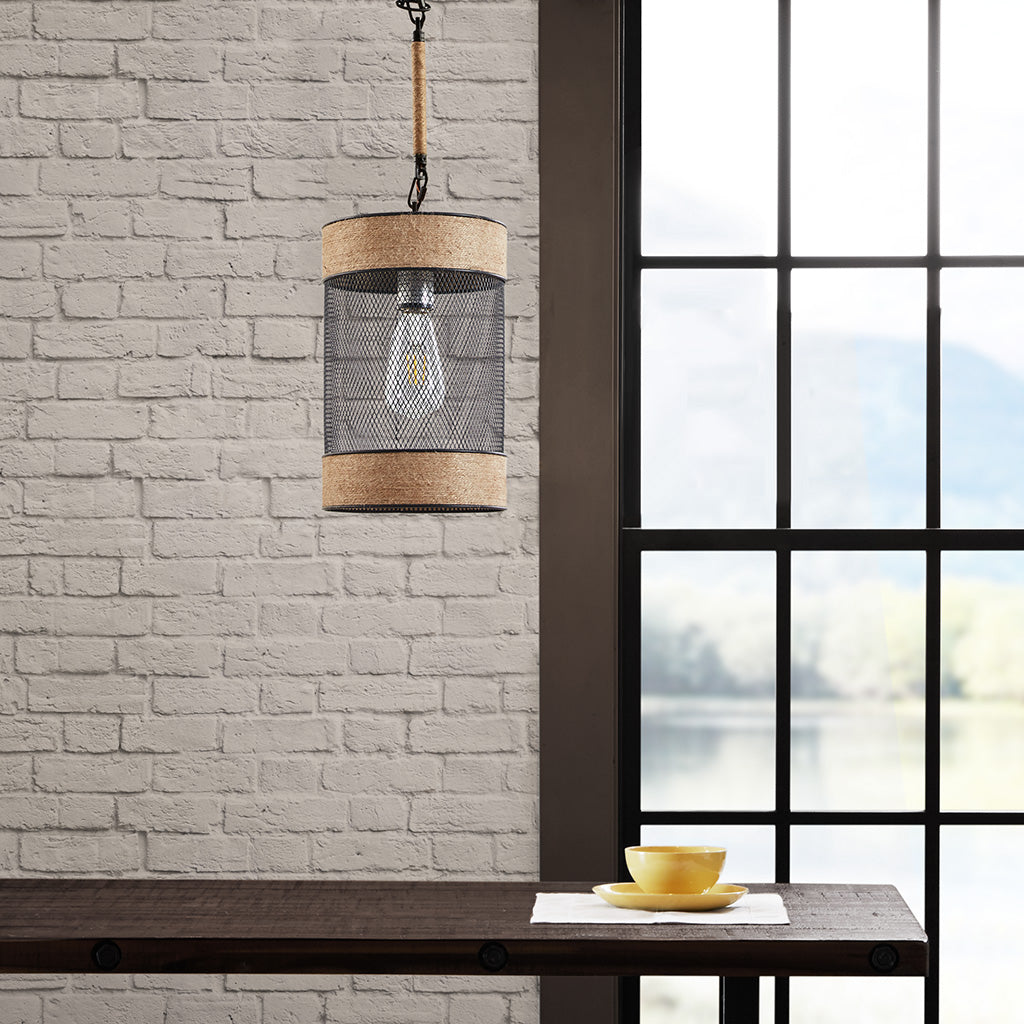 Orion Natural Rope and Metal Mesh Cylinder Pendant - Natural/Black