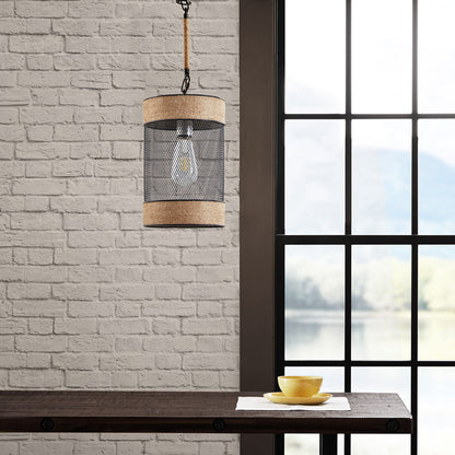 Orion Natural Rope and Metal Mesh Cylinder Pendant - Natural/Black