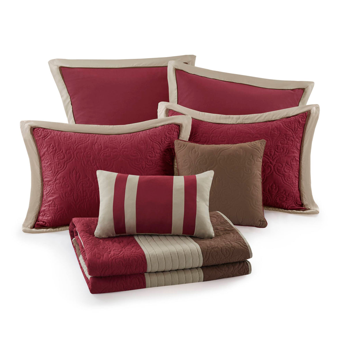 Attingham 7 Piece Quilt Set with Euro Shams and Throw Pillows - Red