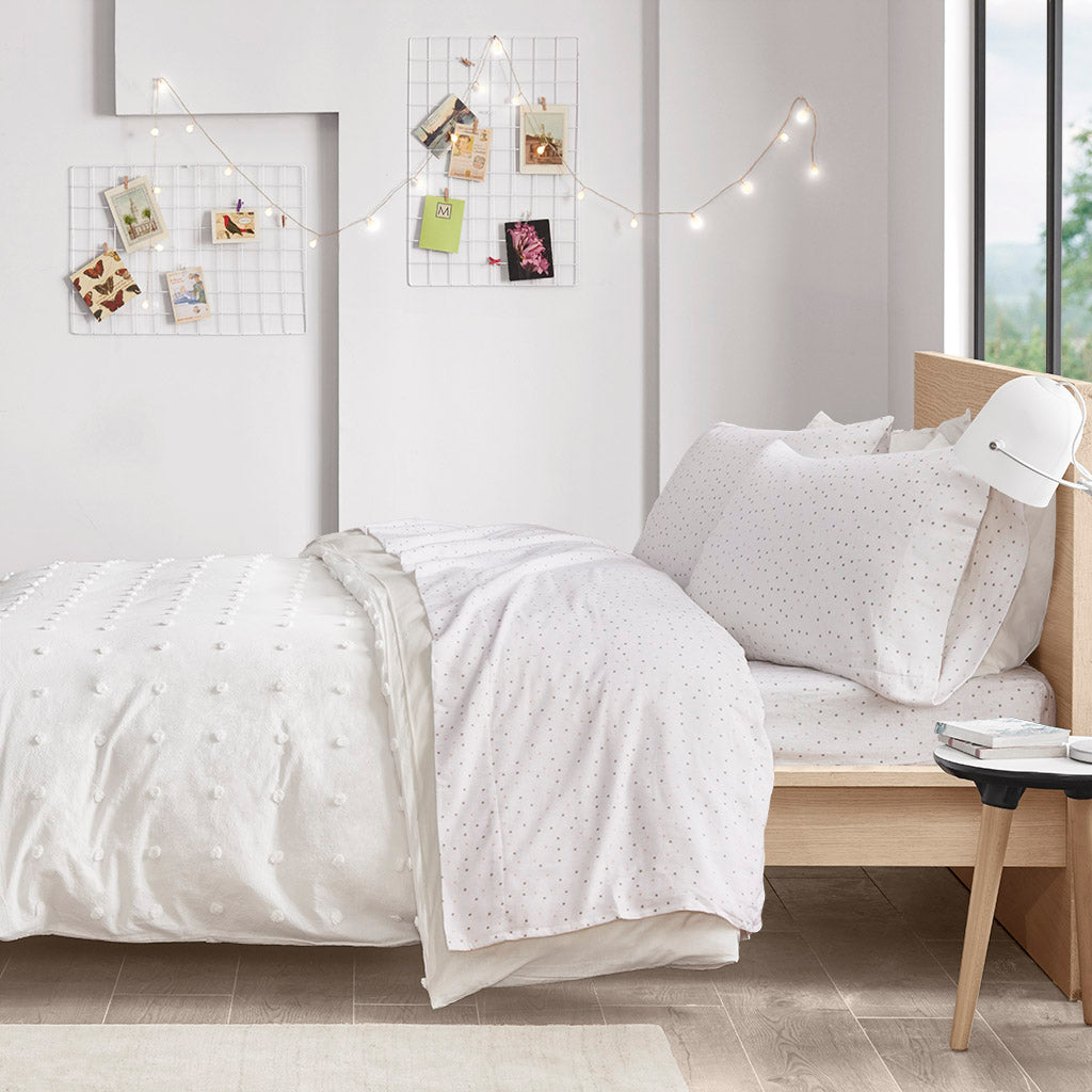 Cozy Soft Cotton Flannel Printed Sheet Set - Grey/Pink Dots