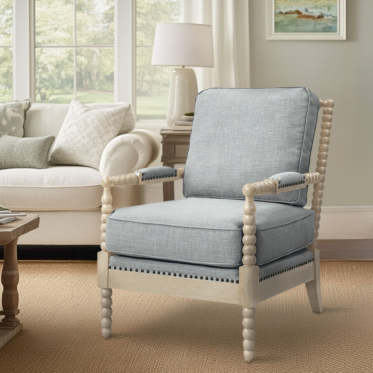 Donohue Turned Spindle Wood Accent Armchair - Light Blue/Antique Cream