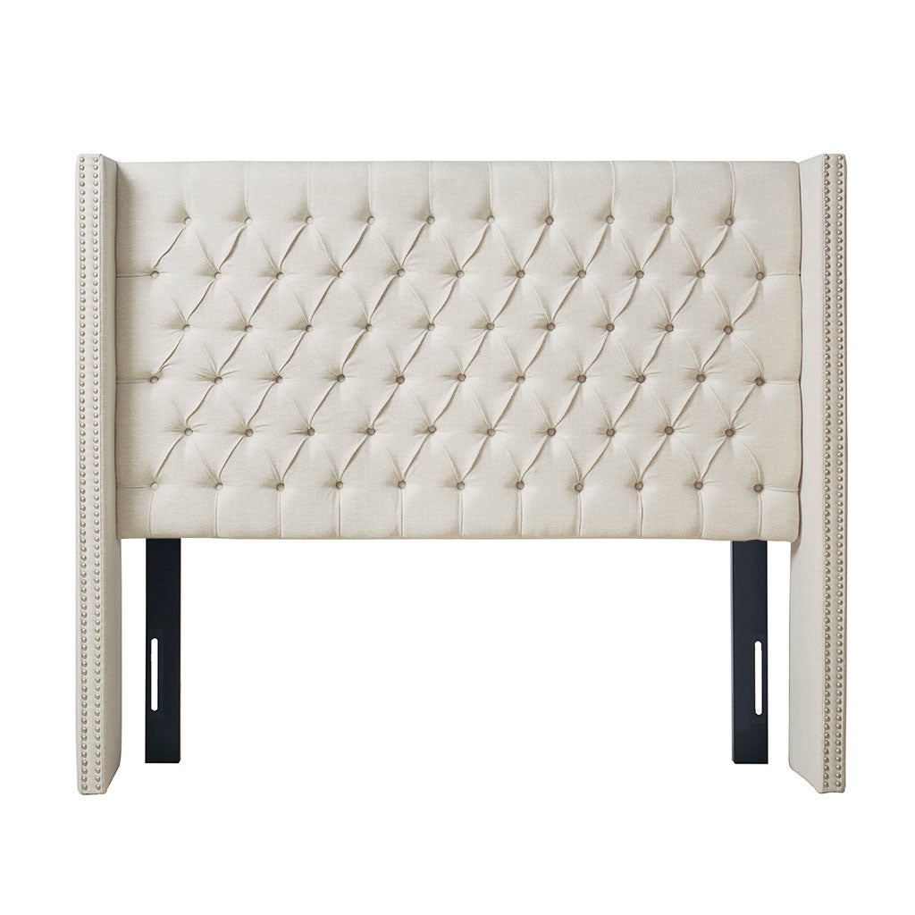 Amelia Upholstered Wingback Headboard with Button Tufting & Nailhead Trim - Cream