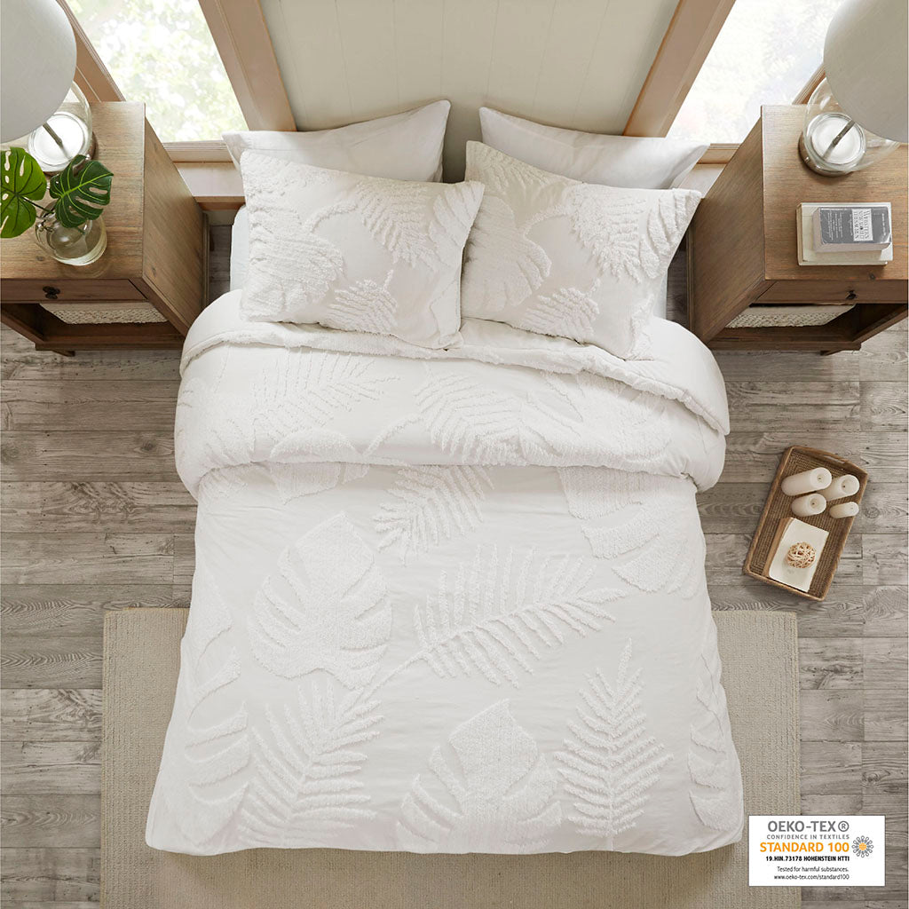 Bahari 3 Piece Tufted Cotton Chenille Palm Duvet Cover Set - Off-White