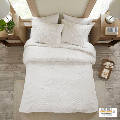 Bahari 3 Piece Tufted Cotton Chenille Palm Duvet Cover Set - Off-White