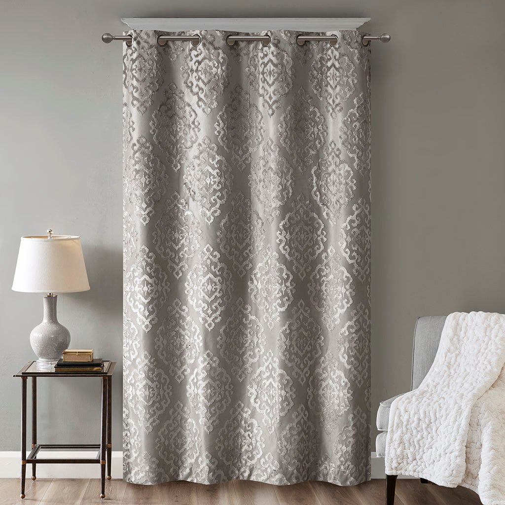Mirage Knitted Jacquard Damask Total Blackout Grommet Top Curtain Panel - Charcoal