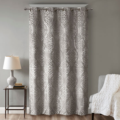 Mirage Knitted Jacquard Damask Total Blackout Grommet Top Curtain Panel - Charcoal