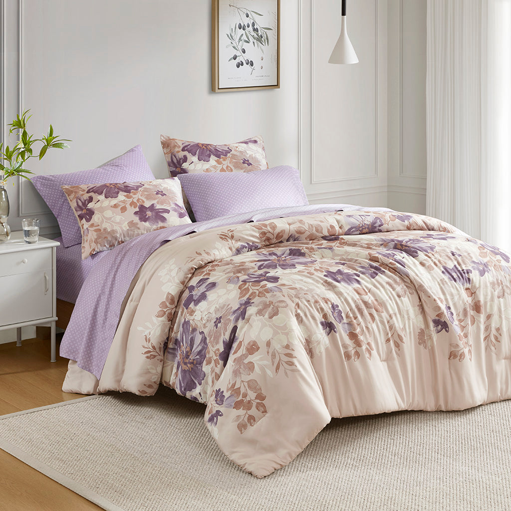 Luna Floral Comforter Set with Bed Sheets - Taupe
