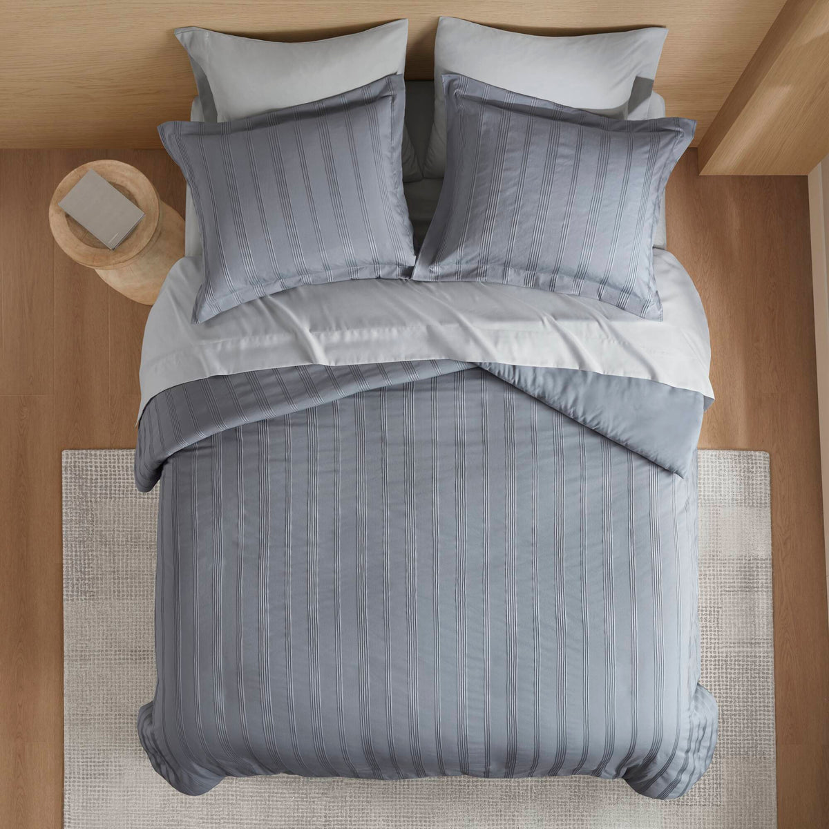 Logan Striped Reversible Pintuck Pleated Duvet Set - Blue/Grey