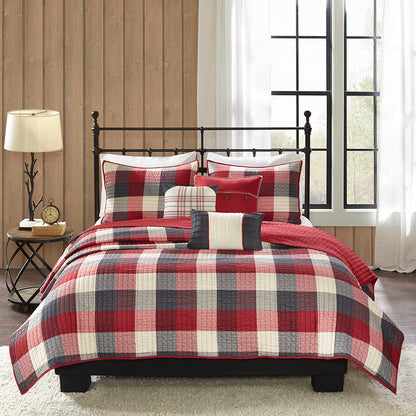 Ridge 6 Piece Printed Herringbone Quilt Set with Throw Pillows - Red