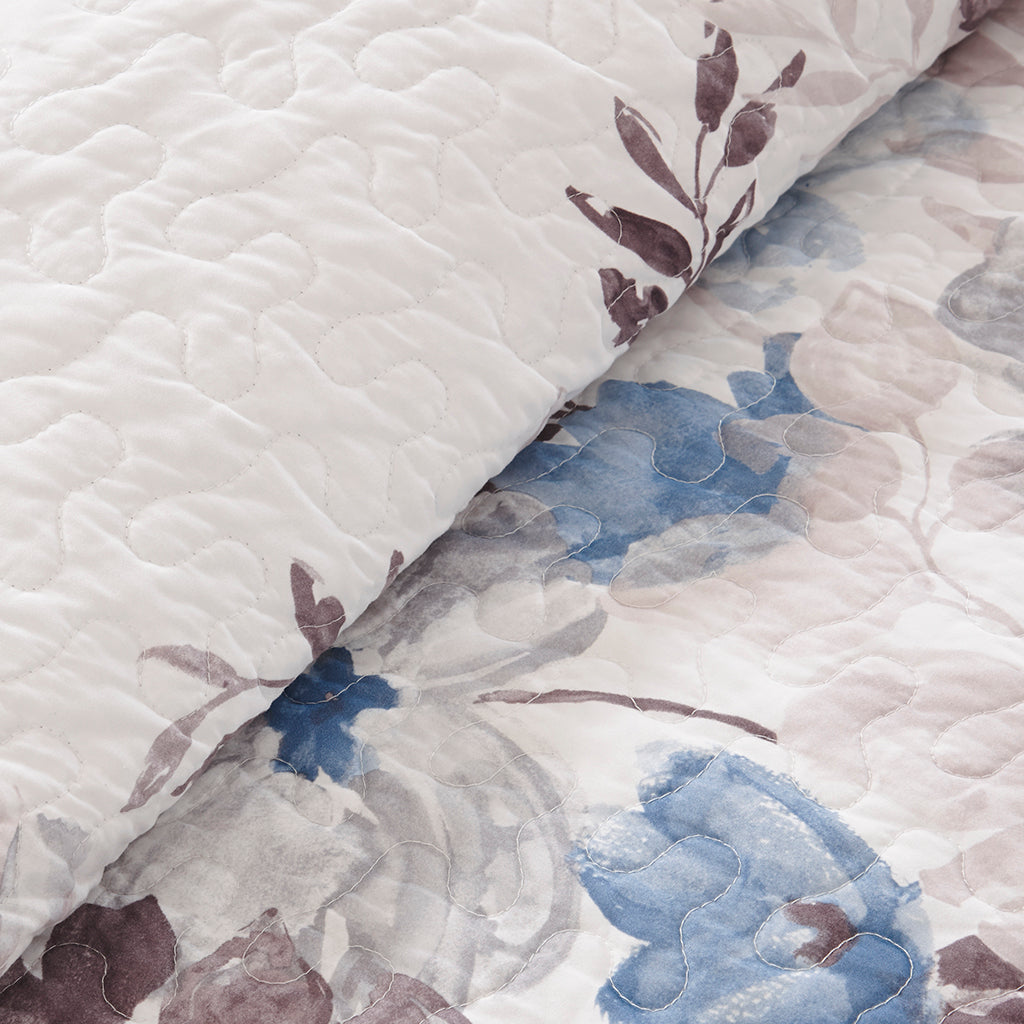 Luna 6 Piece Printed Quilt Set with Throw Pillows - Blue