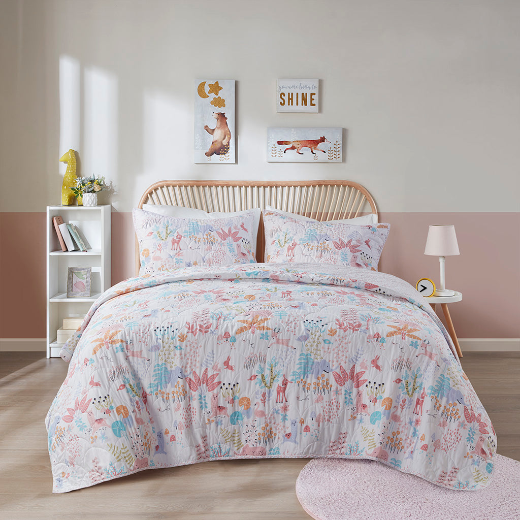 Iris Woodland Animals Reversible Cotton Quilt Set - Blush