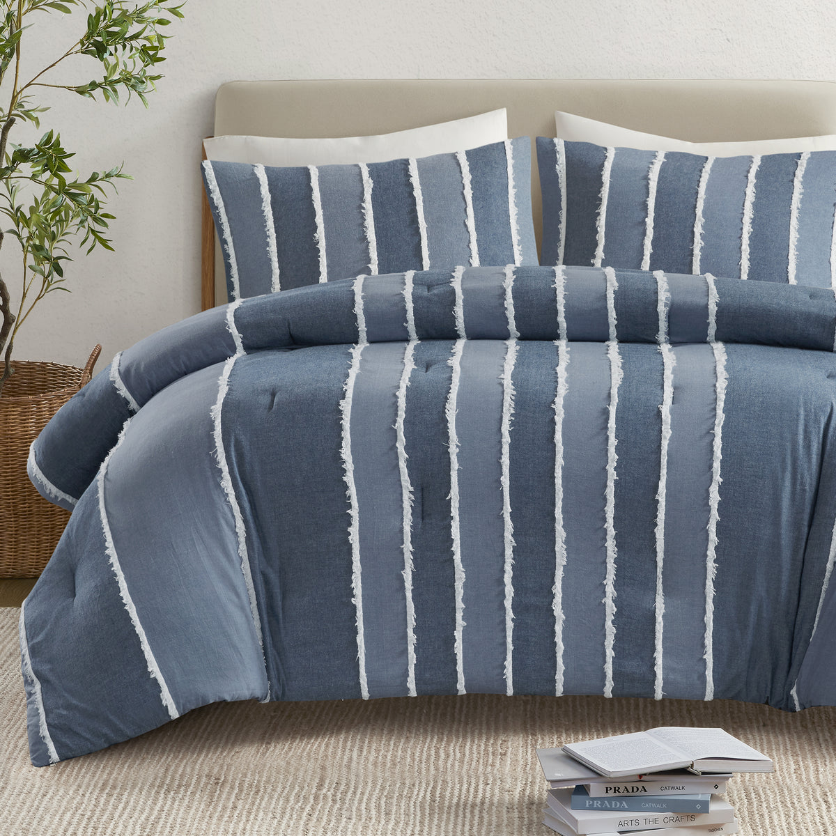 Shay 3 Piece Striped Cotton Comforter Set - Blue